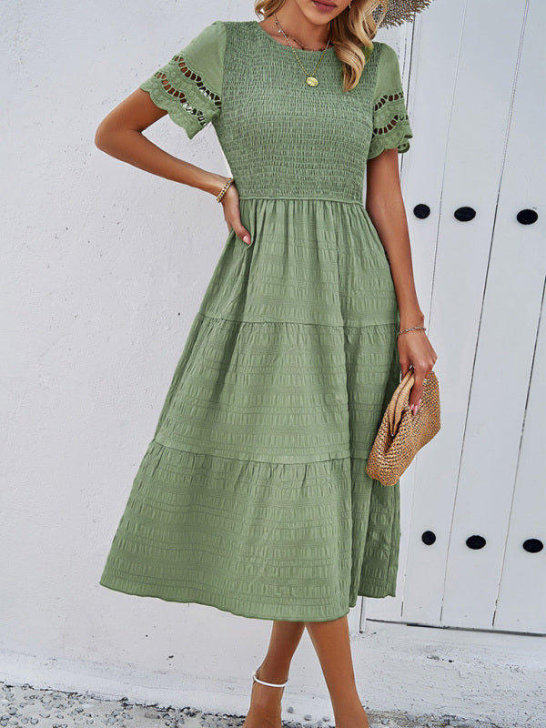 Casual Dresses- Textured Tiered Smocked Midi Dress with Lace Short Sleeves- Fruit green- Pekosa Women Clothing