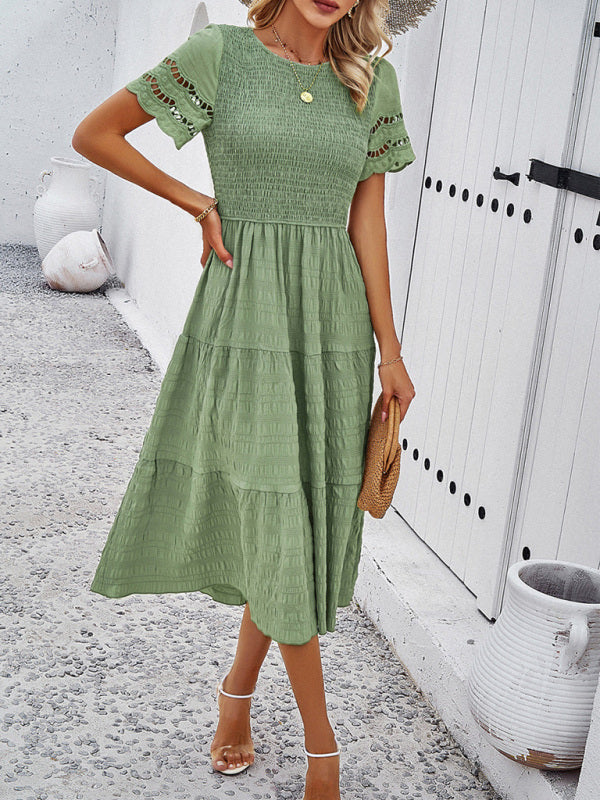 Casual Dresses- Textured Tiered Smocked Midi Dress with Lace Short Sleeves- - Pekosa Women Clothing