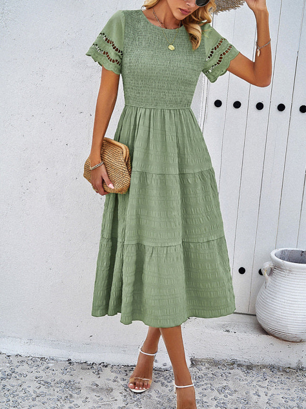 Casual Dresses- Textured Tiered Smocked Midi Dress with Lace Short Sleeves- - Pekosa Women Clothing