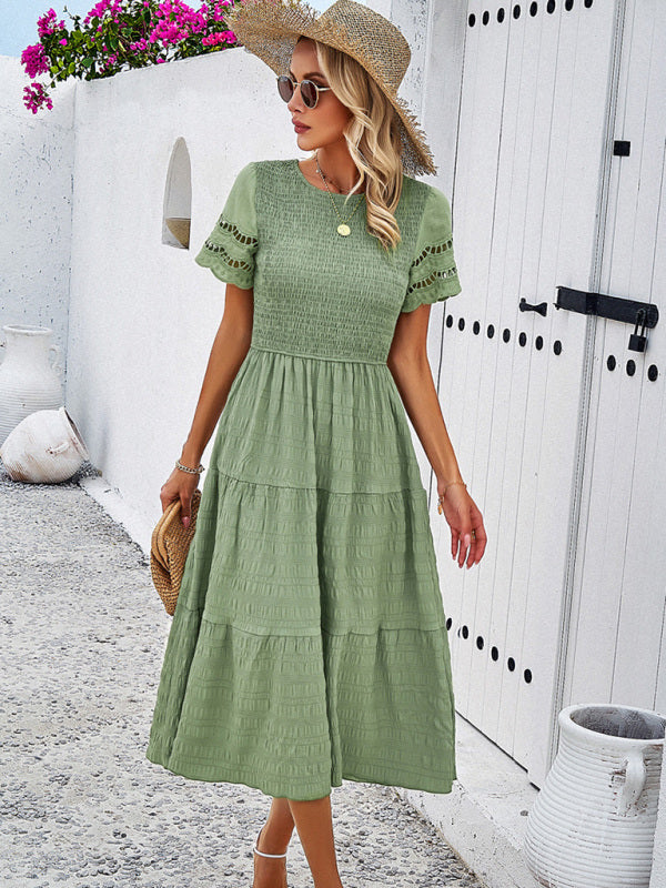 Casual Dresses- Textured Tiered Smocked Midi Dress with Lace Short Sleeves- - Pekosa Women Clothing