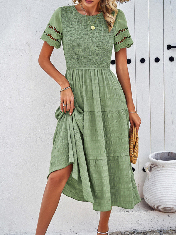 Casual Dresses- Textured Tiered Smocked Midi Dress with Lace Short Sleeves- - Pekosa Women Clothing