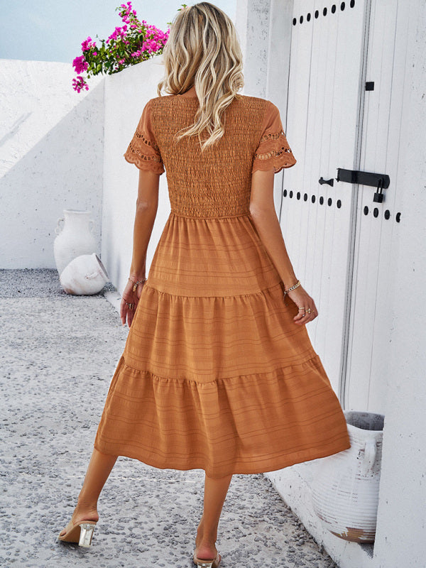 Casual Dresses- Textured Tiered Smocked Midi Dress with Lace Short Sleeves- - Pekosa Women Clothing