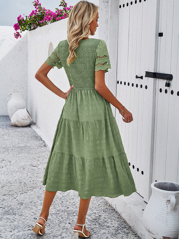 Casual Dresses- Textured Tiered Smocked Midi Dress with Lace Short Sleeves- - Pekosa Women Clothing