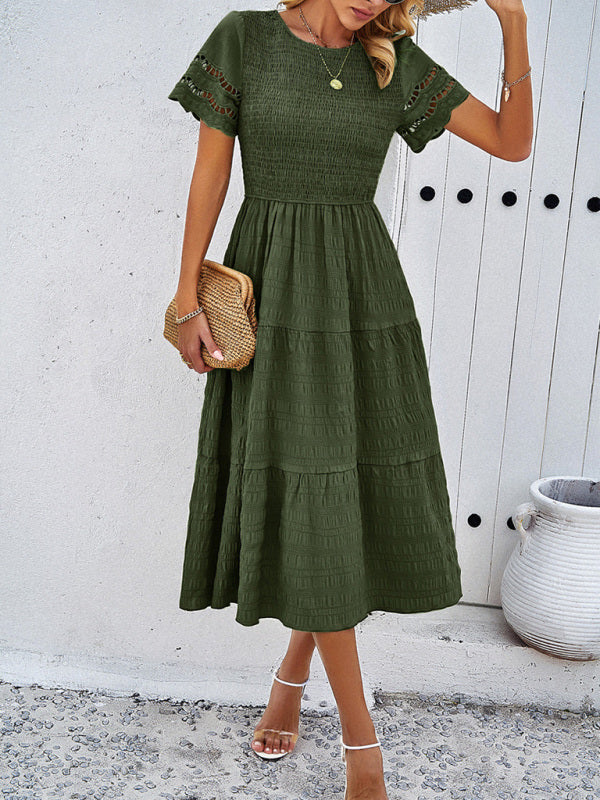 Casual Dresses- Textured Tiered Smocked Midi Dress with Lace Short Sleeves- - Pekosa Women Clothing