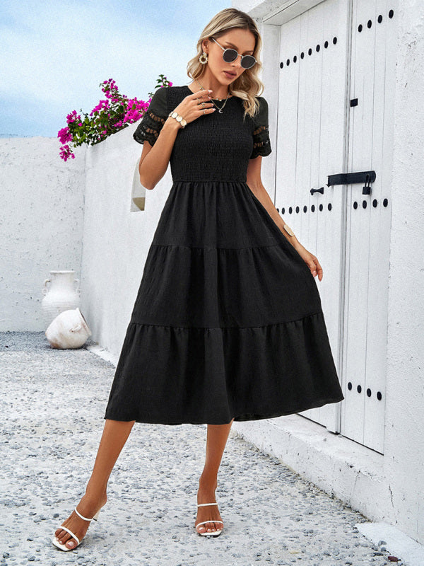 Casual Dresses- Textured Tiered Smocked Midi Dress with Lace Short Sleeves- - Pekosa Women Clothing
