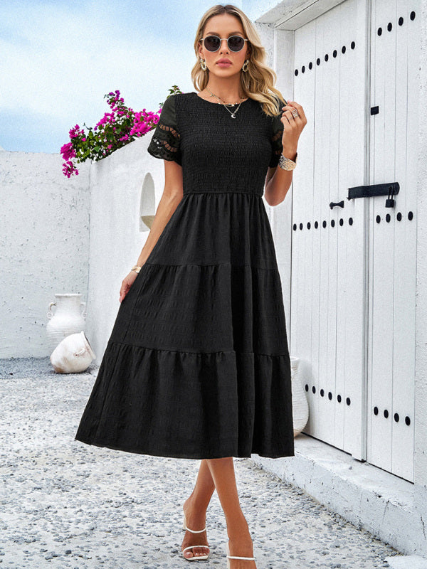 Casual Dresses- Textured Tiered Smocked Midi Dress with Lace Short Sleeves- - Pekosa Women Clothing