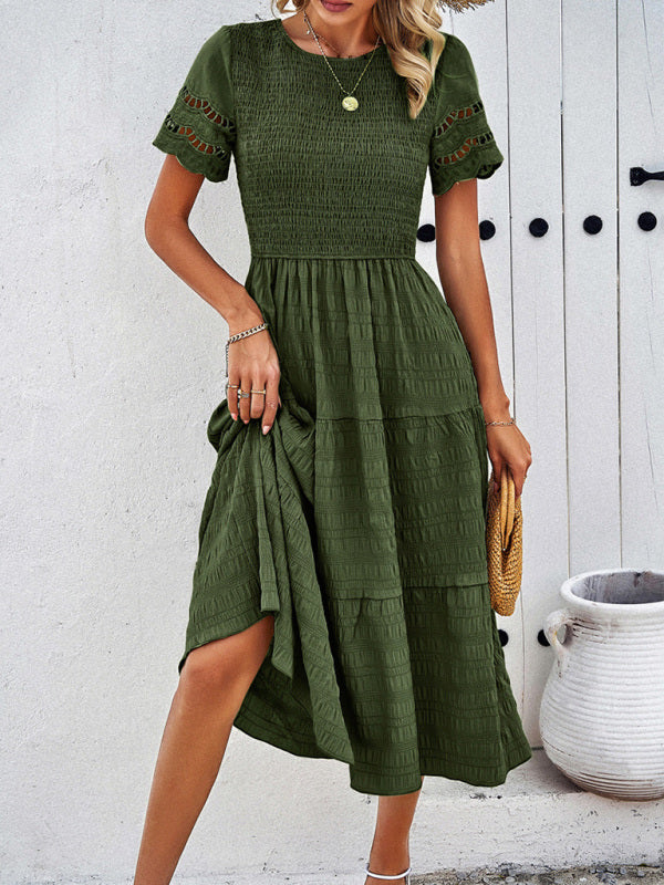 Casual Dresses- Textured Tiered Smocked Midi Dress with Lace Short Sleeves- - Pekosa Women Clothing