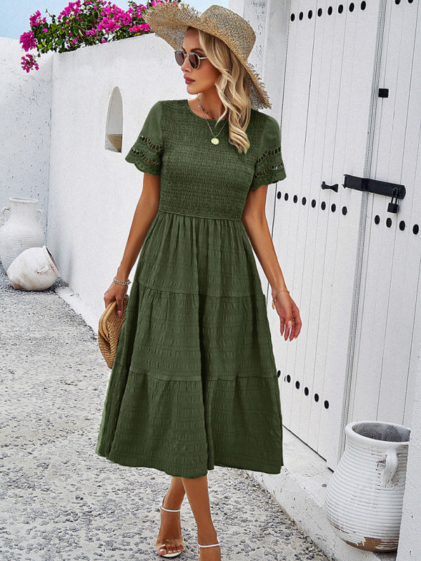 Casual Dresses- Textured Tiered Smocked Midi Dress with Lace Short Sleeves- - Pekosa Women Clothing