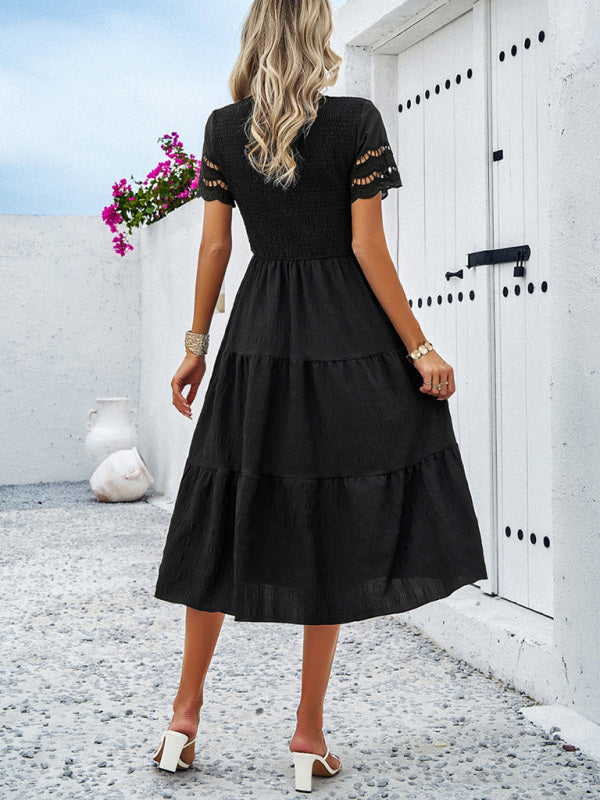 Casual Dresses- Textured Tiered Smocked Midi Dress with Lace Short Sleeves- - Pekosa Women Clothing