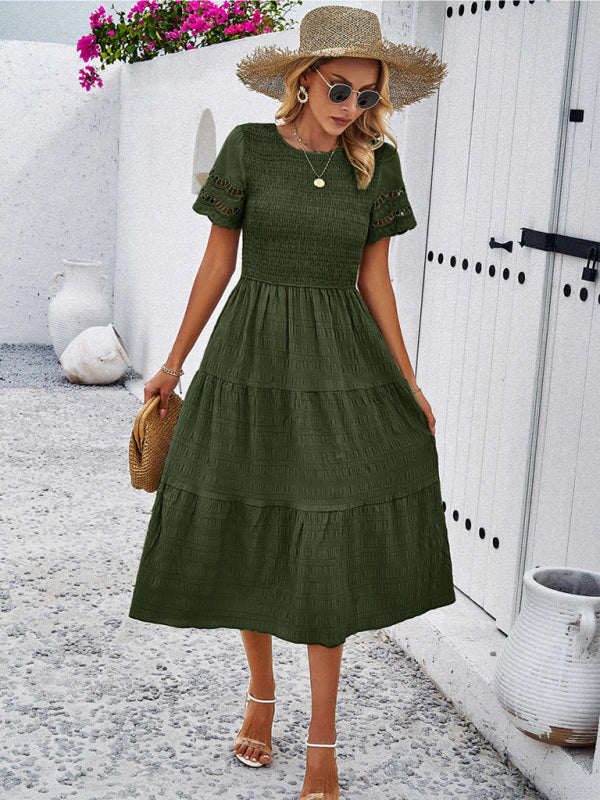 Casual Dresses- Textured Tiered Smocked Midi Dress with Lace Short Sleeves- - Pekosa Women Clothing