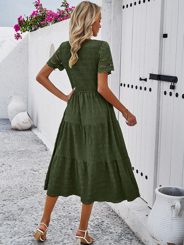 Casual Dresses- Textured Tiered Smocked Midi Dress with Lace Short Sleeves- - Pekosa Women Clothing