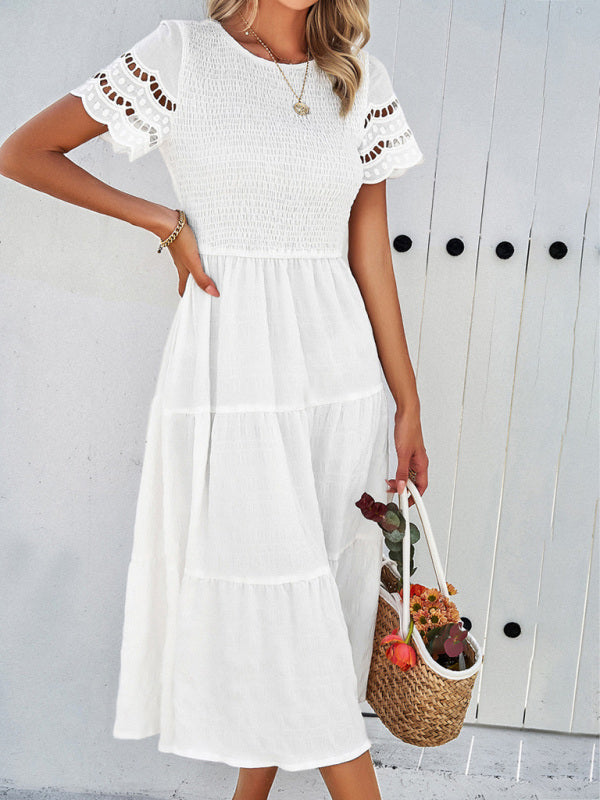 Casual Dresses- Textured Tiered Smocked Midi Dress with Lace Short Sleeves- White- Pekosa Women Clothing