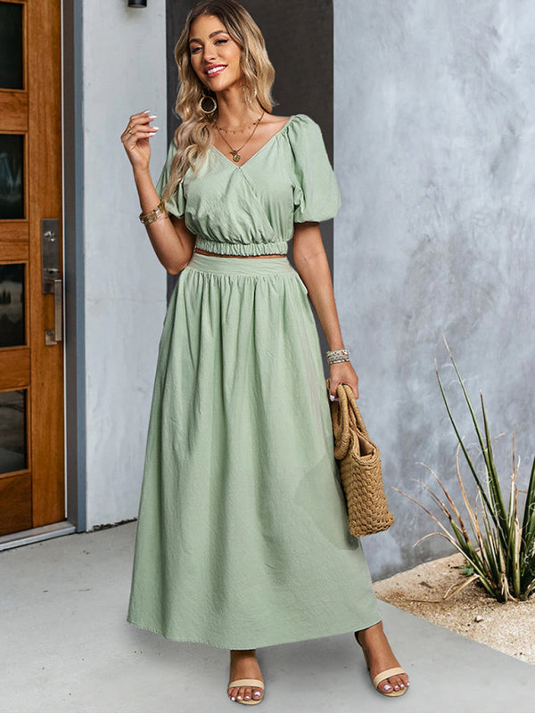 Casual Outfits- Solid Summer 2-Piece Set | Short Puff Sleeves Top & Maxi Skirt- - Pekosa Women Clothing