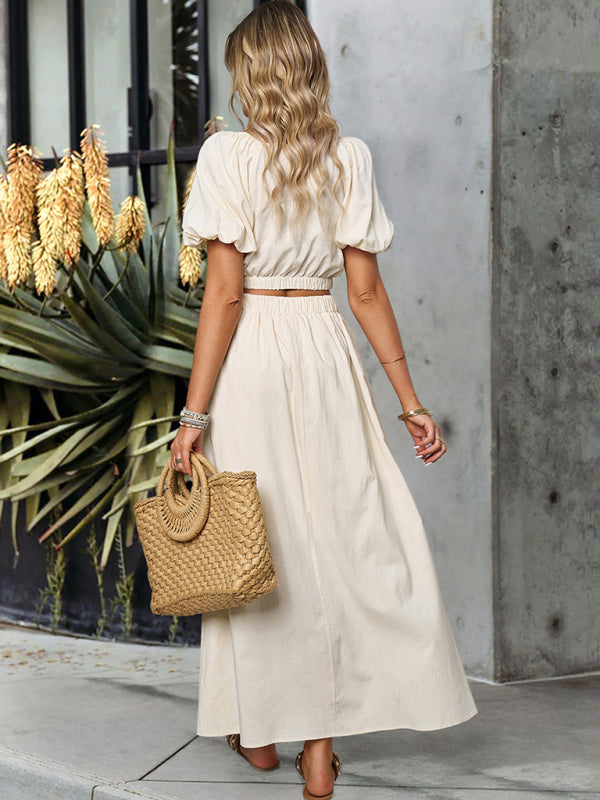 Casual Outfits- Solid Summer 2-Piece Set | Short Puff Sleeves Top & Maxi Skirt- - Pekosa Women Clothing