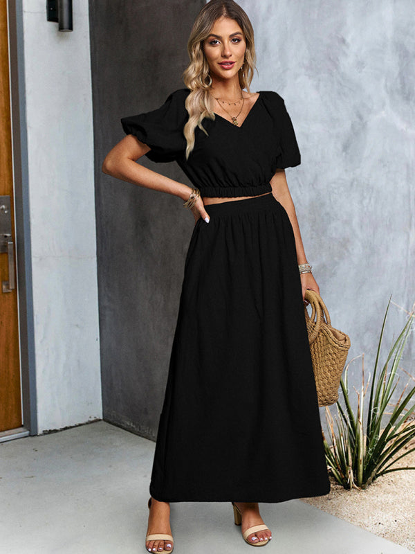 Casual Outfits- Solid Summer 2-Piece Set | Short Puff Sleeves Top & Maxi Skirt- Black- Pekosa Women Clothing