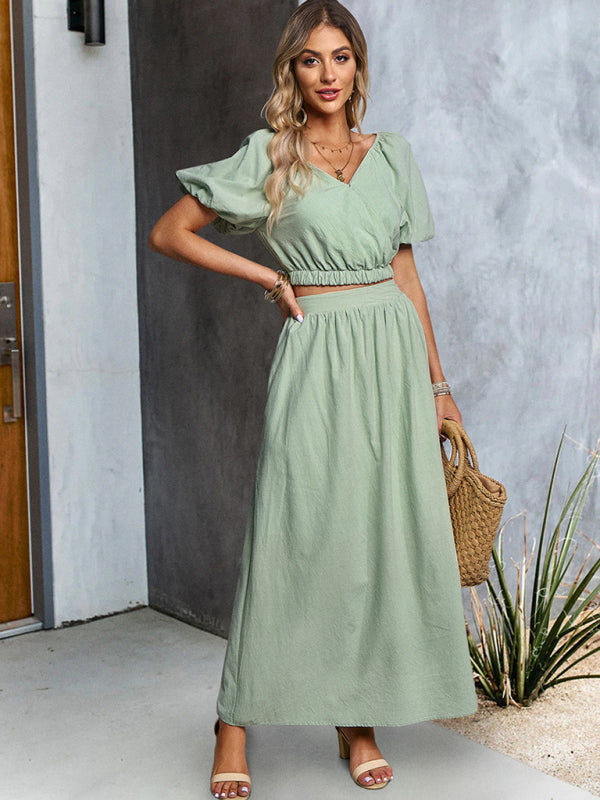 Casual Outfits- Solid Summer 2-Piece Set | Short Puff Sleeves Top & Maxi Skirt- Pea green grey- Pekosa Women Clothing