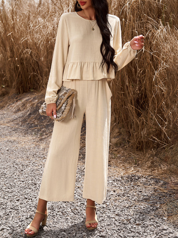 Casual Outfits- Women's Textured Relax Fit Long Sleeve Blouse and Pants 2-Piece for Everyday- - Pekosa Women Clothing