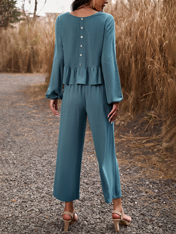 Casual Outfits- Women's Textured Relax Fit Long Sleeve Blouse and Pants 2-Piece for Everyday- - Pekosa Women Clothing