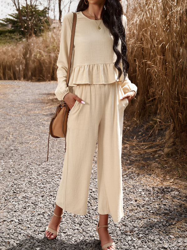 Casual Outfits- Women's Textured Relax Fit Long Sleeve Blouse and Pants 2-Piece for Everyday- - Pekosa Women Clothing