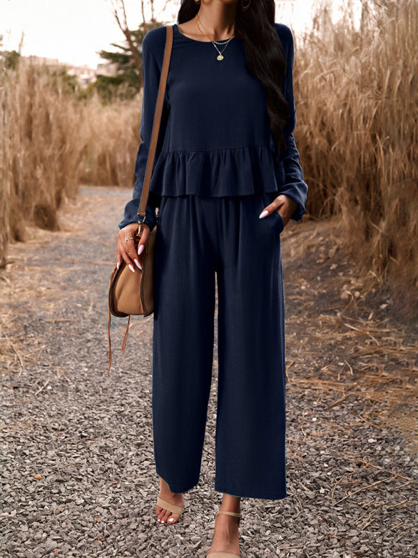 Casual Outfits- Women's Textured Relax Fit Long Sleeve Blouse and Pants 2-Piece for Everyday- - Pekosa Women Clothing