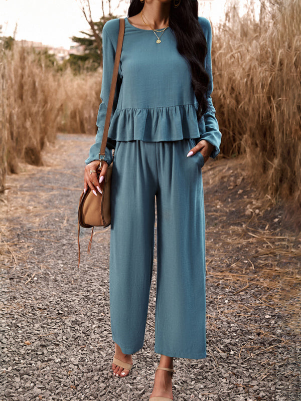 Casual Outfits- Women's Textured Relax Fit Long Sleeve Blouse and Pants 2-Piece for Everyday- - Pekosa Women Clothing