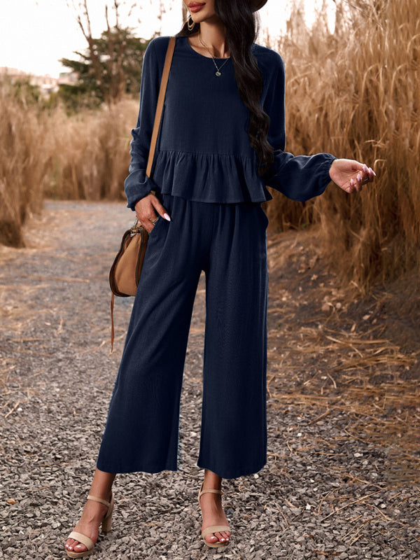 Casual Outfits- Women's Textured Relax Fit Long Sleeve Blouse and Pants 2-Piece for Everyday- - Pekosa Women Clothing