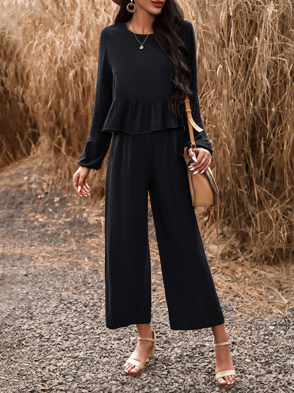 Casual Outfits- Women's Textured Relax Fit Long Sleeve Blouse and Pants 2-Piece for Everyday- - Pekosa Women Clothing