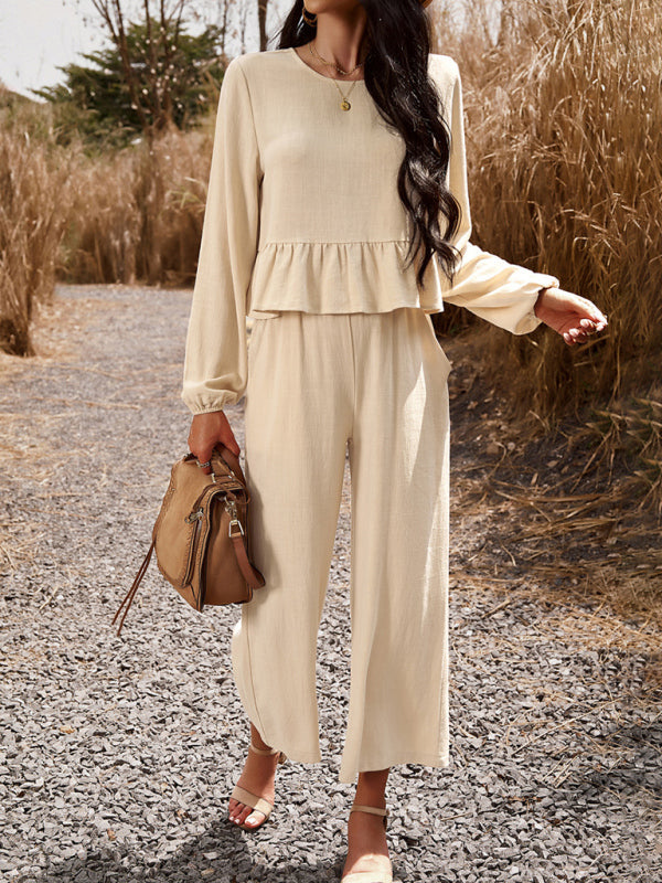 Casual Outfits- Women's Textured Relax Fit Long Sleeve Blouse and Pants 2-Piece for Everyday- Cracker khaki- Pekosa Women Clothing