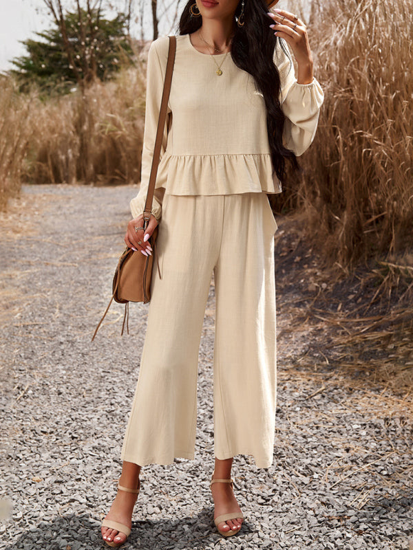 Casual Outfits- Women's Textured Relax Fit Long Sleeve Blouse and Pants 2-Piece for Everyday- - Pekosa Women Clothing