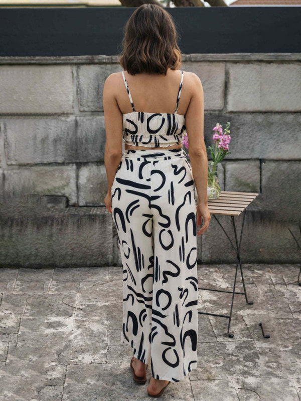 Casual Suit Pants and Top- Boho Abstract Crop Cami Top and Wide-Leg Pants Suit for Women- - Pekosa Women Clothing