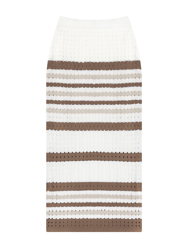 Casual Suit Skirt + Top- Stripe Knit Vacation Maxi Slit Skirt and Crop Tank Top- - Pekosa Women Clothing