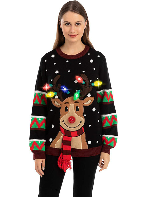 Christmas Sweater- Christmas Reindeer Light-Up Christmas Sweater with Bulbs- - Pekosa Women Clothing