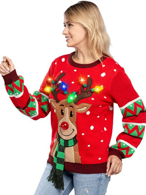 Christmas Sweater- Christmas Reindeer Light-Up Christmas Sweater with Bulbs- - Pekosa Women Clothing