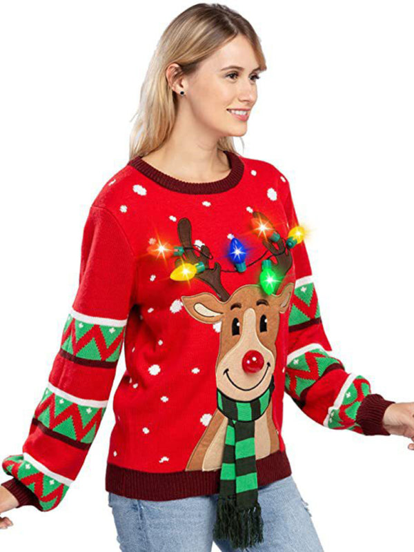 Christmas Sweater- Christmas Reindeer Light-Up Christmas Sweater with Bulbs- - Pekosa Women Clothing