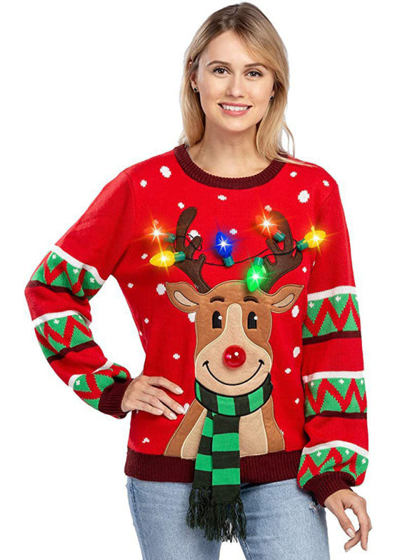 Christmas Sweater- Christmas Reindeer Light-Up Christmas Sweater with Bulbs- - Pekosa Women Clothing
