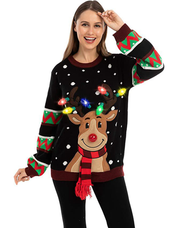 Christmas Sweater- Christmas Reindeer Light-Up Christmas Sweater with Bulbs- - Pekosa Women Clothing