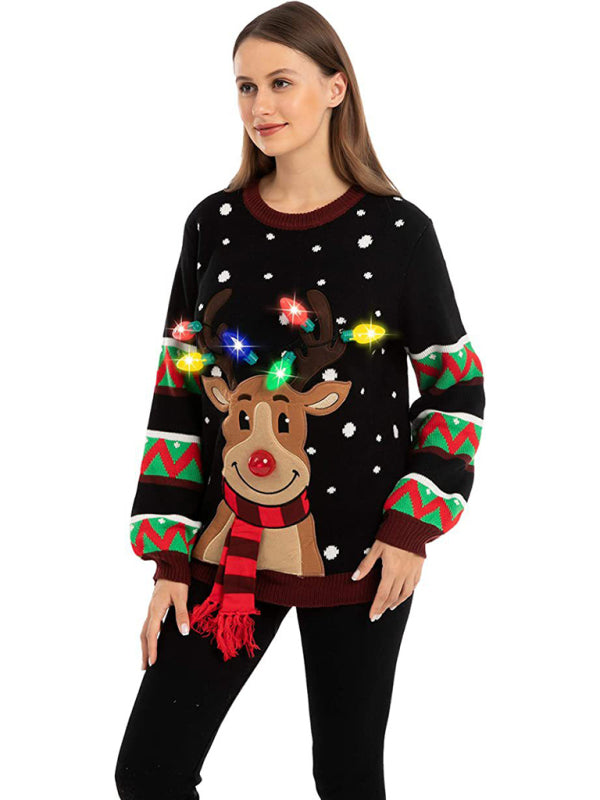 Christmas Sweater- Christmas Reindeer Light-Up Christmas Sweater with Bulbs- - Pekosa Women Clothing