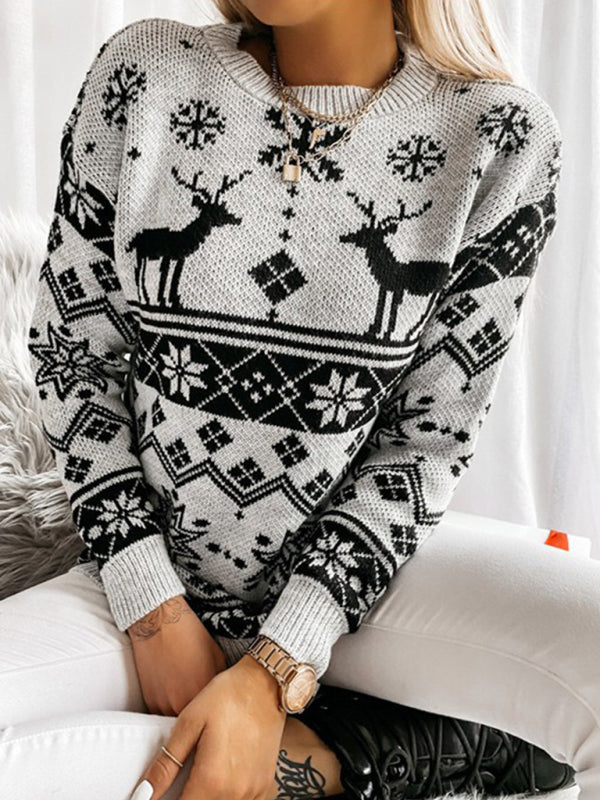Christmas Sweater- Xmas Knit Reindeer Snowflakes Mid Sweater- - Pekosa Women Clothing