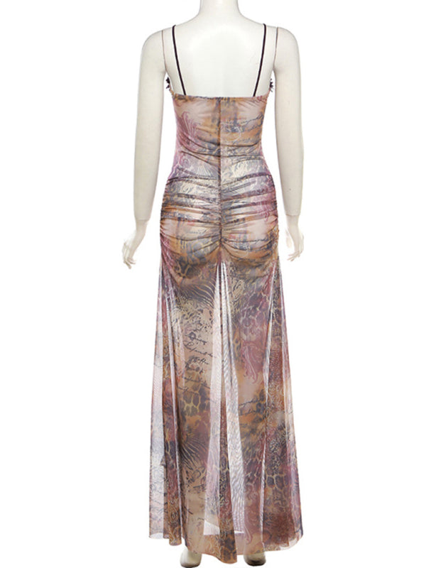 Clubbing Dresses- Runway-Inspired Dark Print See-Through Cutout Slit Maxi Dress- - Pekosa Women Fashion