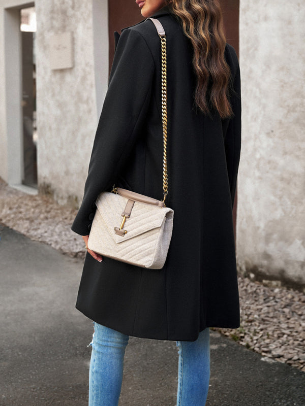Coats- Solid Thick Wool Notch Lapels Trench Coat- - Pekosa Women Clothing