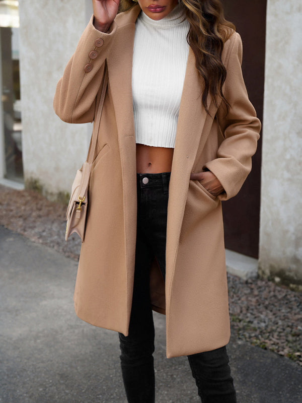 Coats- Solid Thick Wool Notch Lapels Trench Coat- - Pekosa Women Clothing