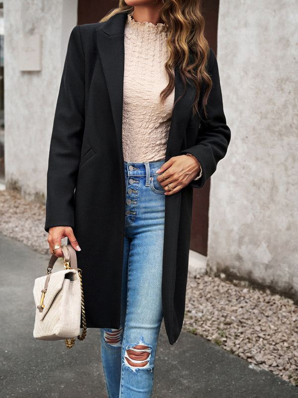 Coats- Solid Thick Wool Notch Lapels Trench Coat- - Pekosa Women Clothing