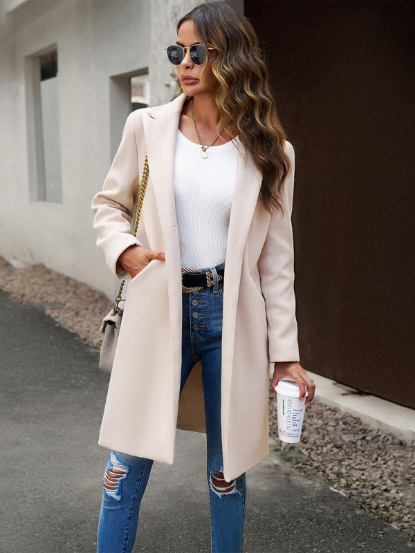 Coats- Solid Thick Wool Notch Lapels Trench Coat- - Pekosa Women Clothing