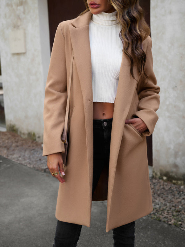 Coats- Solid Thick Wool Notch Lapels Trench Coat- - Pekosa Women Clothing