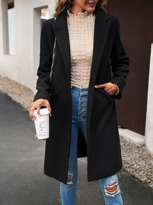 Coats- Solid Thick Wool Notch Lapels Trench Coat- - Pekosa Women Clothing