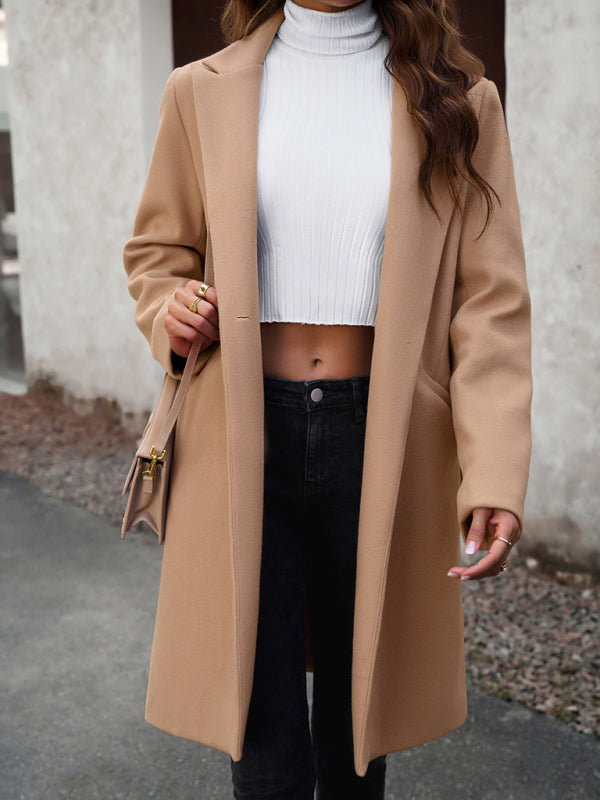 Coats- Solid Thick Wool Notch Lapels Trench Coat- - Pekosa Women Clothing