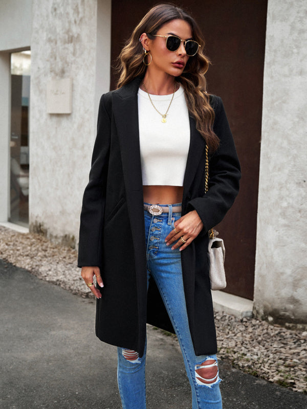 Coats- Solid Thick Wool Notch Lapels Trench Coat- - Pekosa Women Clothing