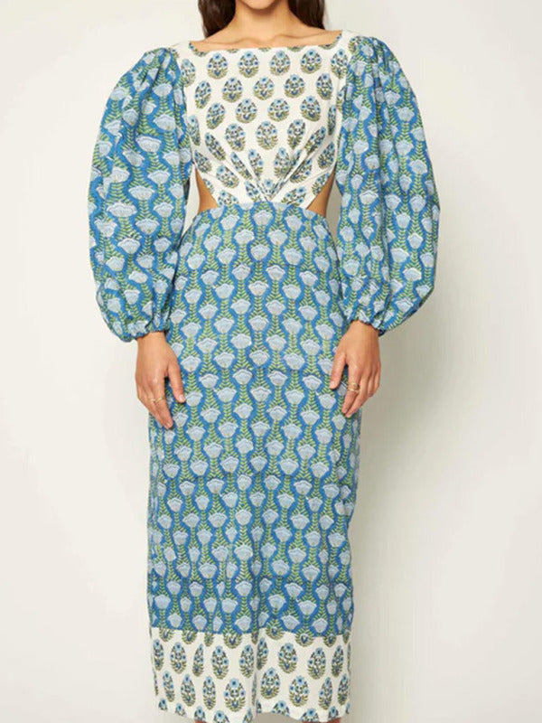 Cocktail Dresses- Floral Balloon Sleeve Open Back Cutout Maxi Midi Dress- Blue- Pekosa Women Clothing