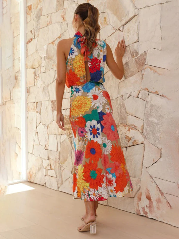 Cocktail Dresses- Floral Elegant Stand Halterneck Blouson Midi Dress- - Pekosa Women Clothing