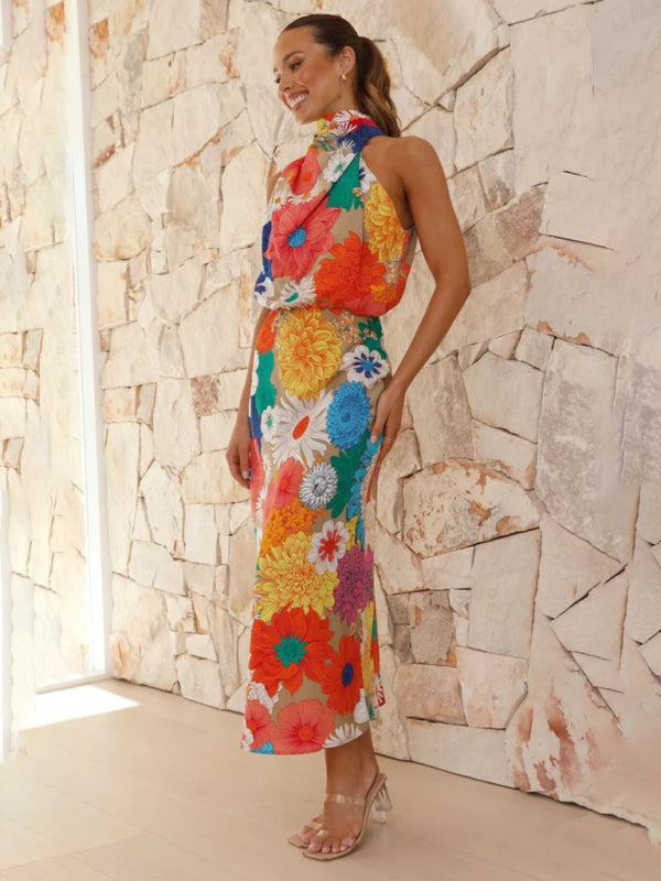 Cocktail Dresses- Floral Elegant Stand Halterneck Blouson Midi Dress- - Pekosa Women Clothing